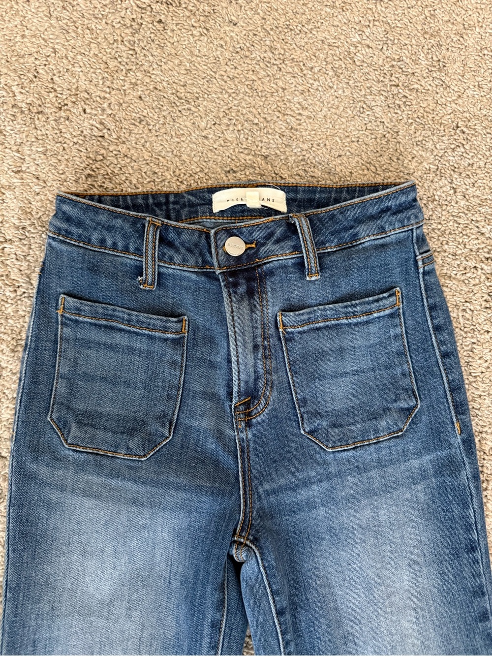 Risen Jeans High Rise Patch Pocket Flare Bell Bottom Medium Wash Size 3 / 26 - Picture 2 of 7